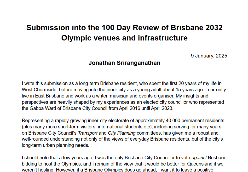 Submission into the LNP's Brisbane 2032 Olympics venue review